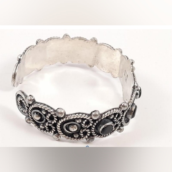 Southwest Mexico 925 Sterling Silver Onyx Cuff Vintage Bracelet - Picture 3 of 12